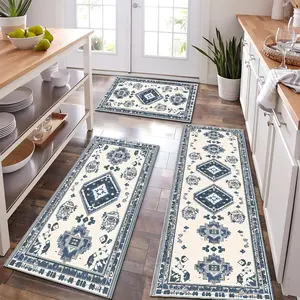 Blue and white retro ethnic style kitchen carpet three-piece set niche art texture infuses retro ritual feeling for kitchen space non-slip easy to clean and also released