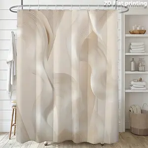 Beige smooth wavy line pattern forest shower curtain design, polyester fabric, windows and walls, bathtub, bathroom home decoration shower curtain, all season universal shower curtain, bathroom decoration curtain, with 12 hooks
