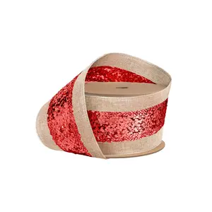 2 1/2" Wired Ribbon | "Metallic Striped" Natural/Red | 10 Yard Roll