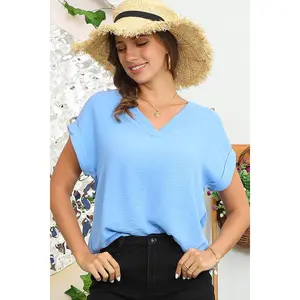 CWTBLS190_V-NECK TRIM ROLLED SHORT SLEEVE SHIRTS  BLOUSE TOP