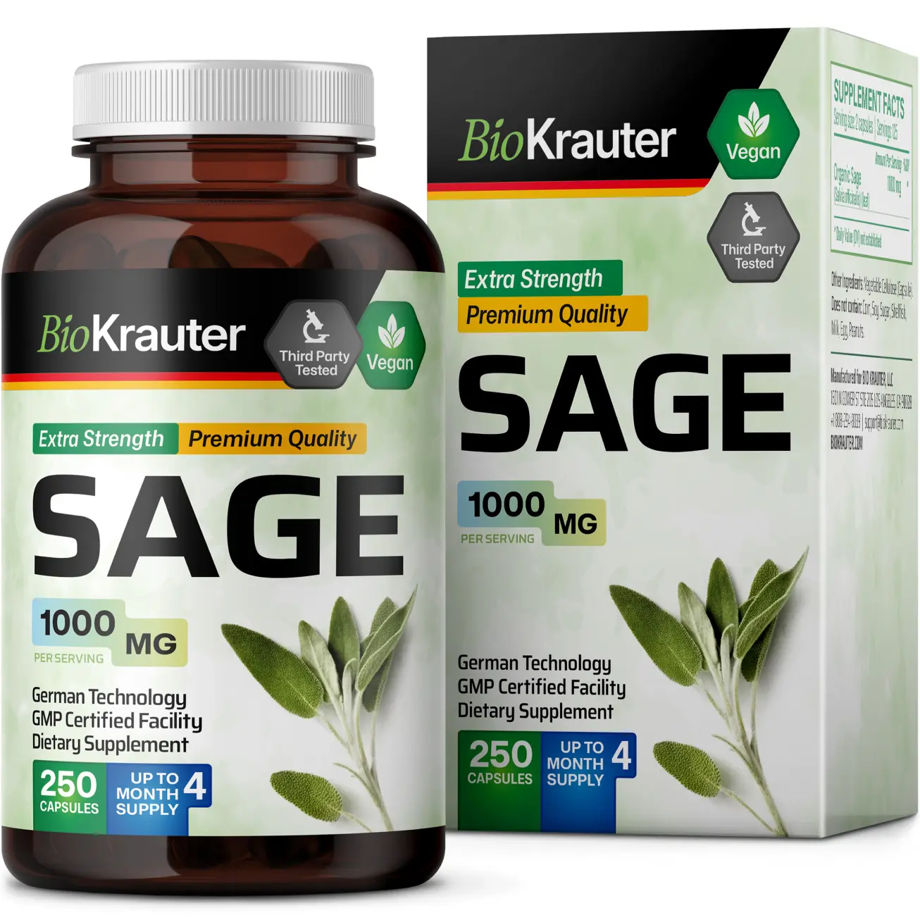 BioKrauter Sage Supplement - 250 Capsules, 1000mg Per Serving, Extra Strength, Premium Quality, Vegan, US, Healthcare, Fitness, Dietary