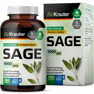 BioKrauter Sage Supplement - 250 Capsules, 1000mg Per Serving, Extra Strength, Premium Quality, Vegan, US, Healthcare, Fitness, Dietary