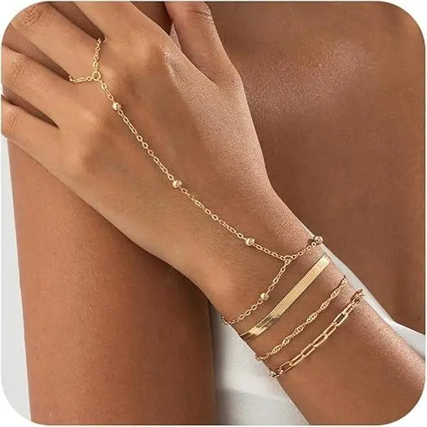 Hand Chain Bracelet for Women Stackable Gold Finger Ring Hand Chains Bracelets Dainty 14K Gold Plated Finger Ring Hand Chains Layered Trendy Link Bracelets Jewelry Gift