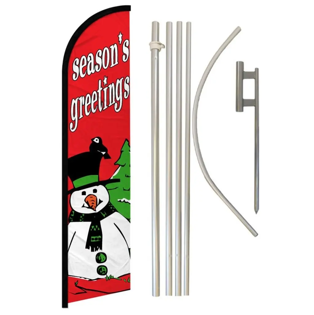 Original Windproof Wear-Resistant Polyester Snowman Season's Greetings Banner & Steel-Aluminium Pole Complete Kit, 11.5x2.5 ft Synthetic Print, Best Quality Advertising Flags with Stable Easy-Install Curved Sleeve for Outdoor Home Festive Backdrop