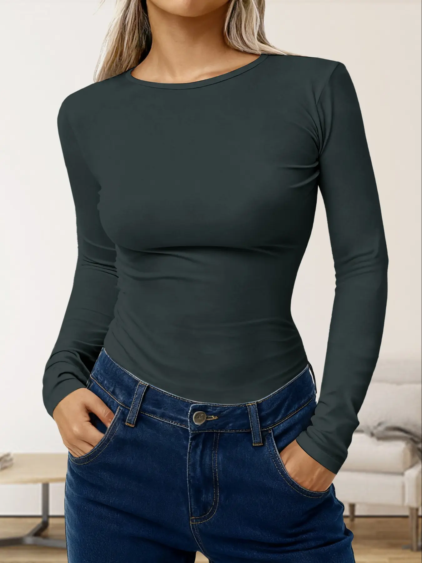 Women's Classic Round Neck Long Sleeve Thermal Underwear Top, Casual Plain Simple Base Layer Shirt for Home & Outdoor Wear