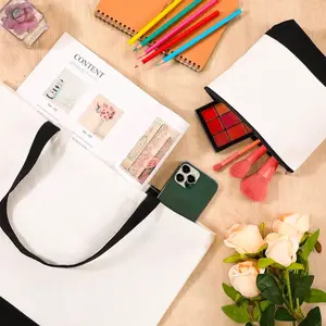 Large Blank Canvas Tote Bags and Makeup Bags with Handles, Black and White