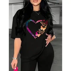Women's Butterfly and Heart Print Drop Shoulder T-Shirt Casual Round Neck Half Sleeve Top Soft Fabric Machine Washable Four Seasons Clothing
