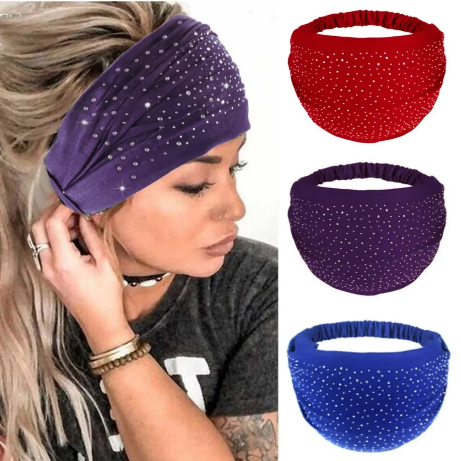 Women's 3-Pack Soft Crystal Wide Headbands - Rhinestone Elastic Black Turban Sweat Bands, Sports & Outdoor Workout Headbands, Adult Gifts, Soft Headband