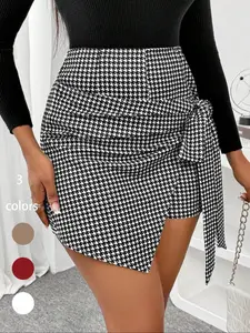 Women's High Waist Belted Skirt Dress, Loose Fit Short Skirt for Autumn Winter, Elegant Color Block Plaid Design, All Seasons Fashion, All Day Skort