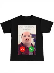 Funny Pig Phone Call T-Shirt with Humorous Graphic Print, Casual Fitted Tee for Young Men, Perfect for Home Wear & Friend Gatherings