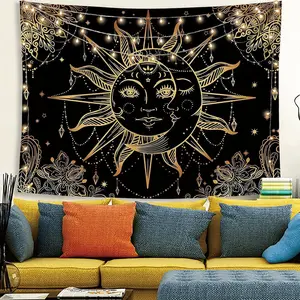 Boho Chic Tree of Life Tapestry with Sun and Moon Design - Black Background with Golden Floral and Mandala Patterns, Peach Skin Velvet Wall Hanging for Living Room, Bedroom, Dorm Decor - Perfect Housewarming Gift, Living Room Decoration |   Mandala
