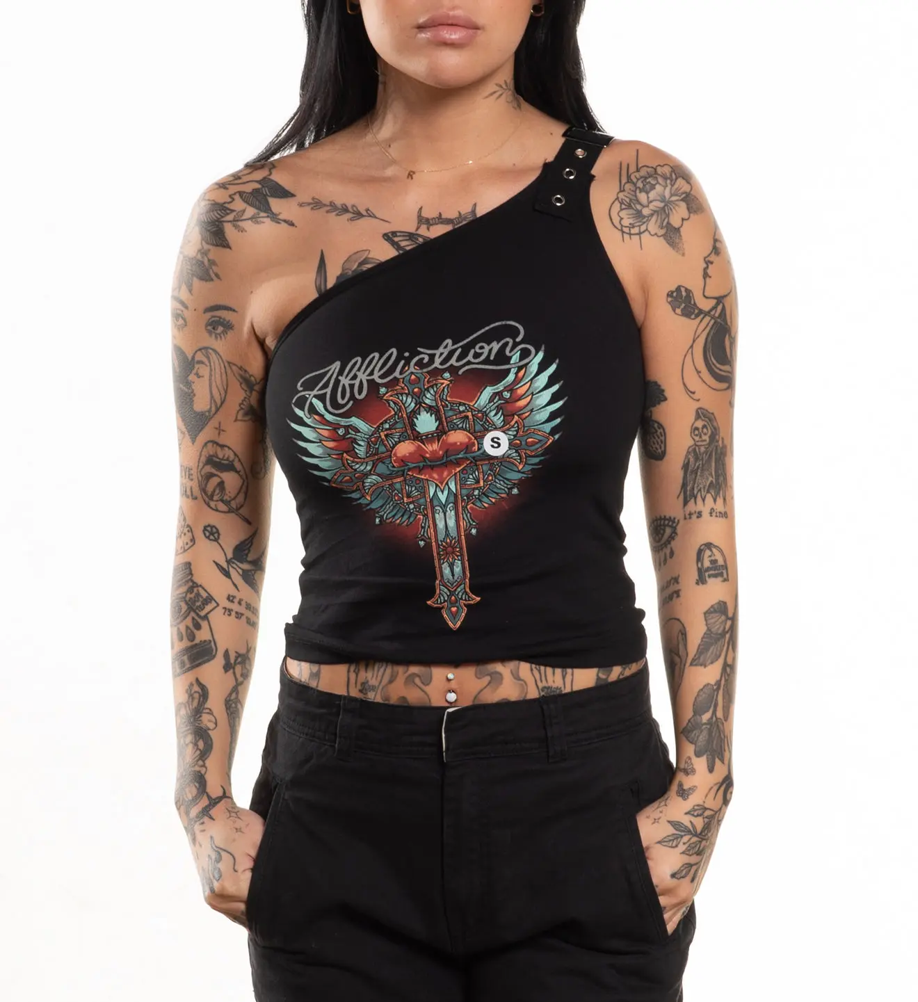 Affliction Women's Tanks/Top T-shirt Rosary One Shoulder 