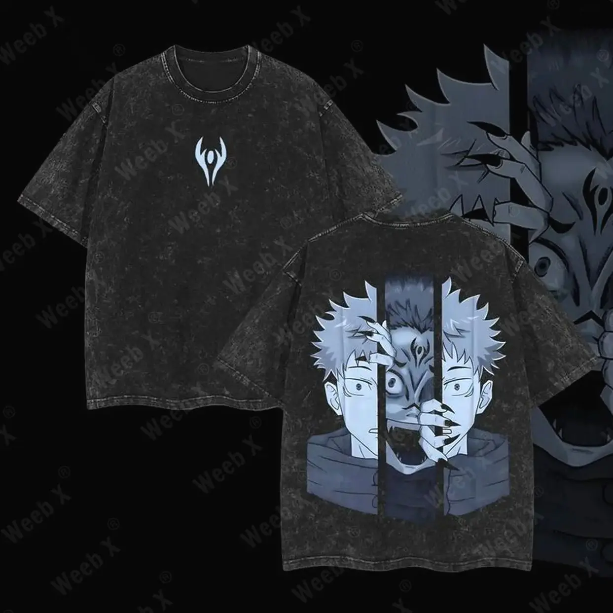 Weeb X Sukuna Tee & Yuji Itadori Washed T-Shirt – Jujutsu Kaisen Anime Tee, Vintage Oversized Graphic Shirt, Streetwear Unisex Top, Soft Cotton Casual Manga Merch for JJK Fans & Collectors subtle  anime  merch anime merch 242