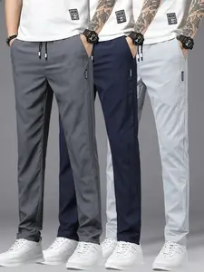 3-Pack Men's Summer Ice Silk Quick-Dry Breathable Casual Pants, Elastic Waist Lightweight Slim Fit Work Pants, Ideal for Daily Wear