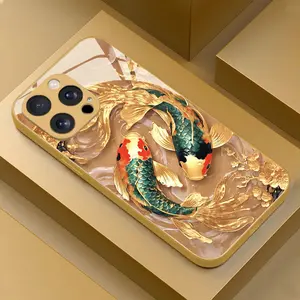 Luxury Golden Koi Fish TPU Glass Case for iPhone 17 16 15 14 13 12 11 X XS 7 8 7P 8P Trendy Protective Cover No Warranty