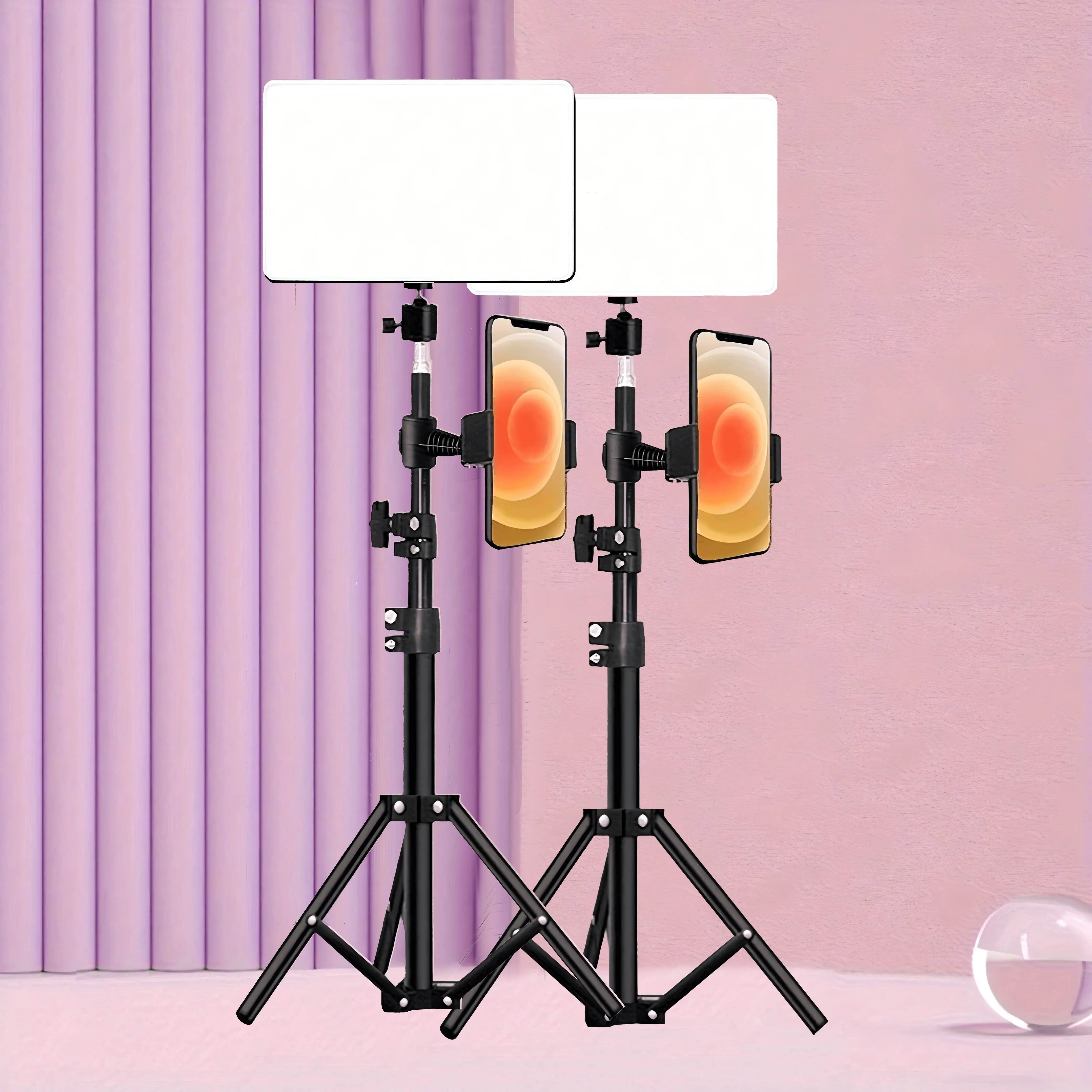 2-Set LED Fill Lights Studio Filming Setup Kit with 43.3" Adjustable Tripod Stand, Phone Holder - USB-Powered On-Camera Lighting for Content Creation, Non-Waterproof, No Battery Required