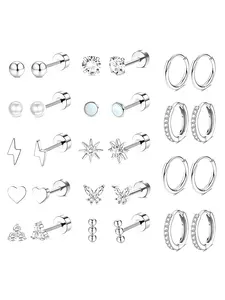 28Pcs 20gauge Flat Back Stud & Hoop Earrings for Women Hypoallergenic Stainless Steel Cartilage Hoops Earring Butterfly/Sun/Heart CZ Flatback Stud Earring Sets for Multiple Piercing Stacks Ear Studs