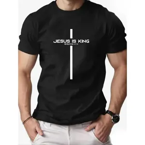 Men's Jesus is King Graphic T-Shirt-Casual Short Sleeves Round Neck Summer T-Shirt with Bold Letters and Cross Design Breathable Fit Casual Wear Suitable for Easter, Halloween, Thanksgiving, etc.