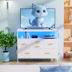 White Dresser TV Stand with 6 Drawers, TV Stand for up to 45” TV, Fabric Chest of Drawers with Power Outlets and LED Light, Storage Shelves, Side Pockets and Hooks