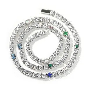 Hip Hop Colorful Gemstone Tennis Necklace Copper Zircon Unisex Chain Accessory Jewelry