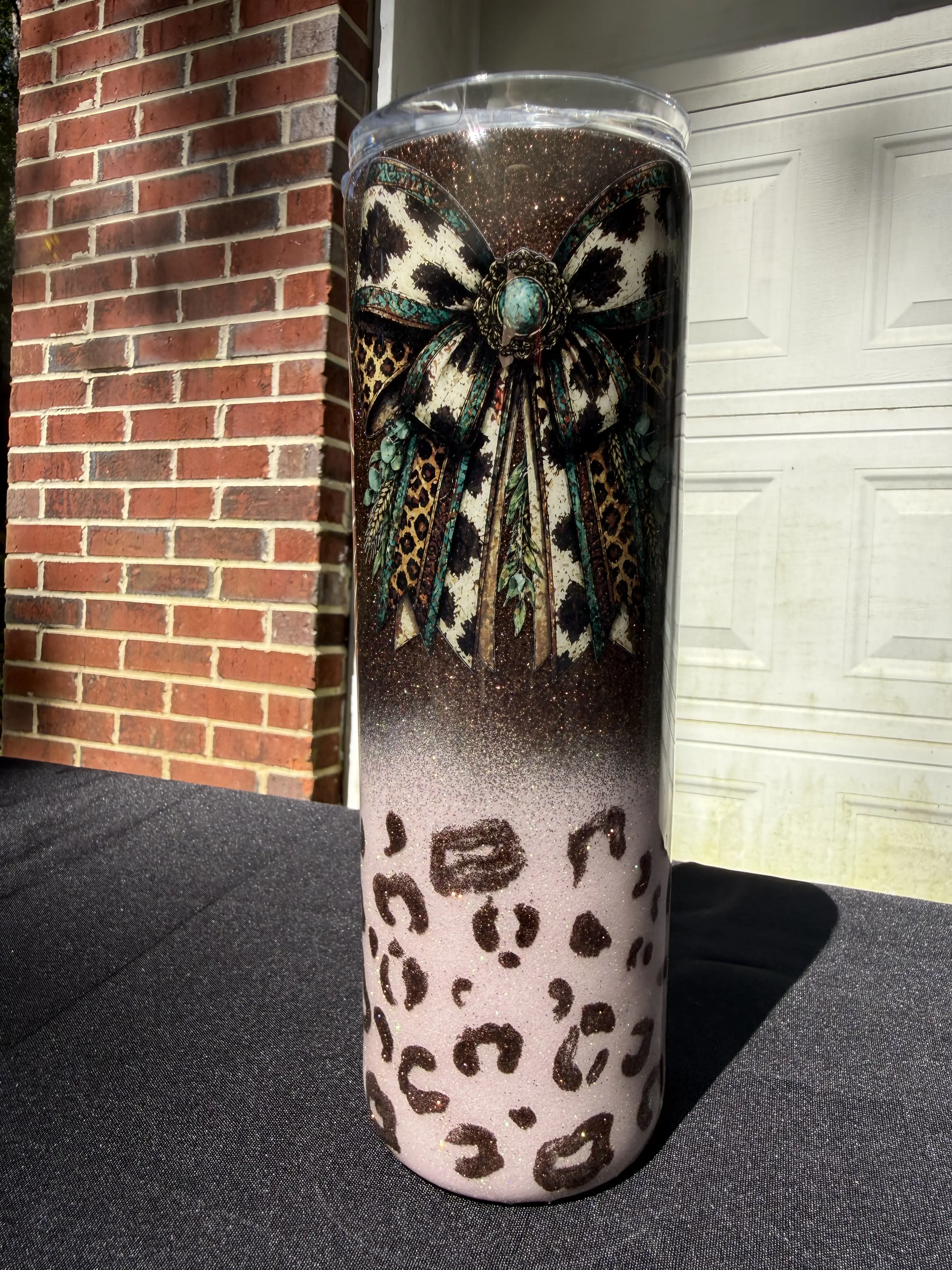 30 oz Glitz  Bow Leapord Print Brown & Pink Tumbler