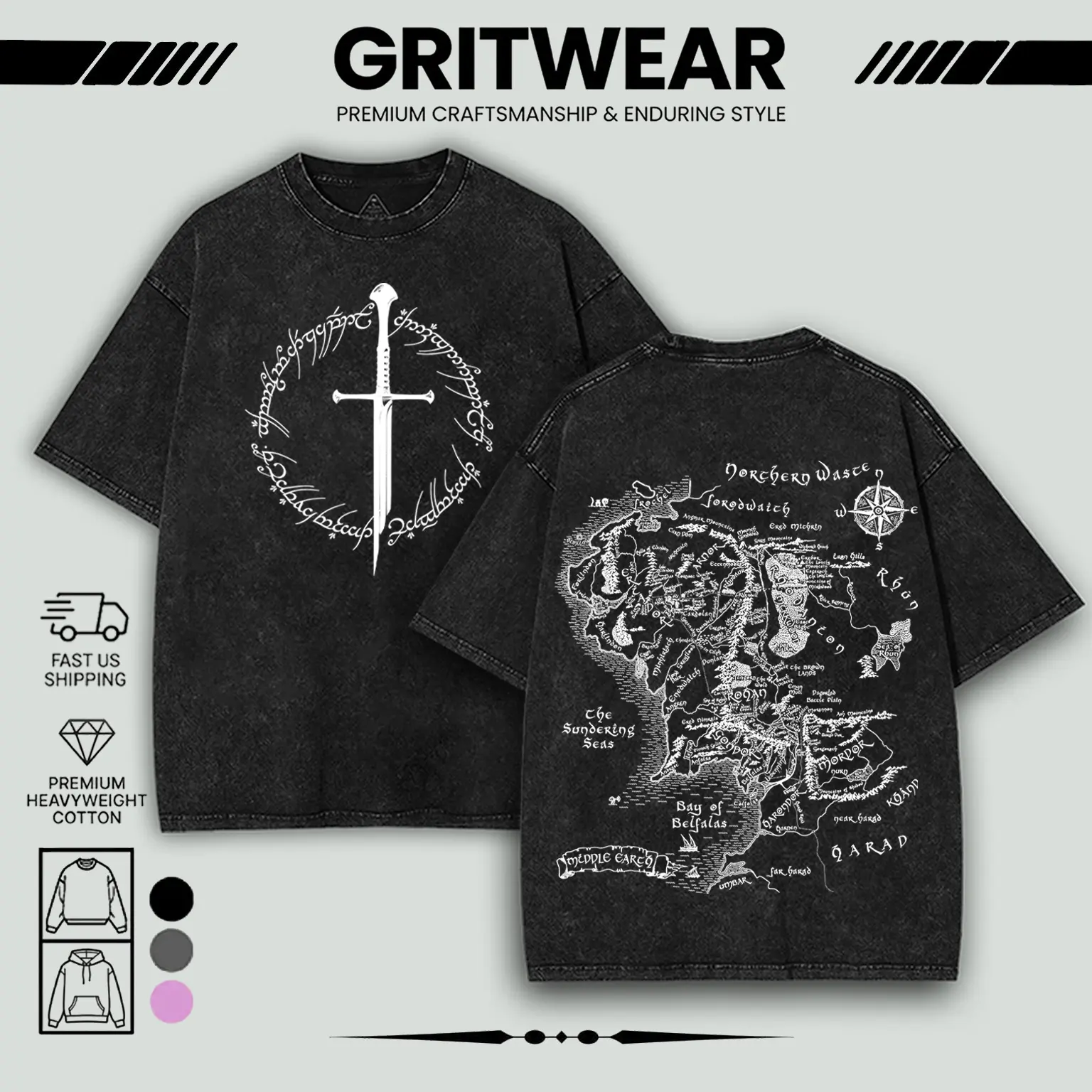 LOTR Shirt, JRR Tolkien Washed Shirt, Lord of the Rings Merch, Middle Earth Map Oversize Soft Cotton Menswear Top apparel men gifts