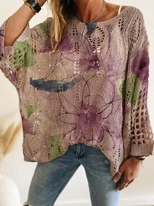 Women's Knitted Long Sleeve Top, Knitwear, Colorblock Floral Print, Batwing Shoulder Design, Casual Elegant Commuter Wear, Vacation Style