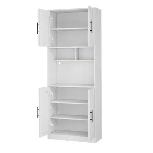 71" Tall Kitchen Pantry Cabinet with LED Lights Farmhouse Kitchen Storage Cabinet with 4 Doors and Open Shelves Reversible Coffee Bar Cabinet Stand Microwave Stand Cupboard Tower Utility Storage Organizer for Dining Room White