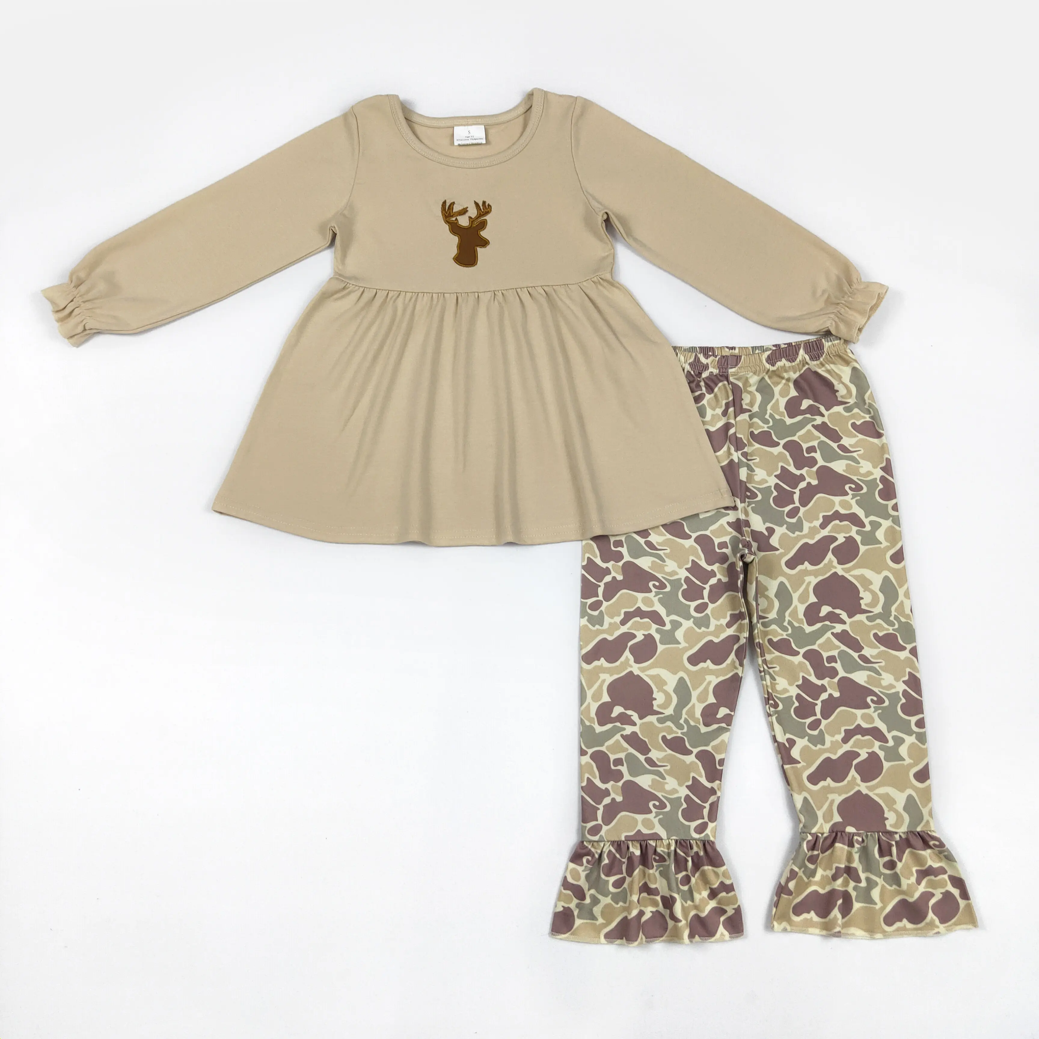Girls' 2-Piece Fashion Style Set with a Cute Embroidered Deer Top and Brown Camouflage Print Pants for Fall, Fashion Style Sets