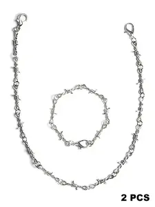 Punk Gothic Metal Spike Chain Necklace Bracelet Set, Unisex Jewelry, Bold Statement Accessory, Perfect for Edgy, Chain Detailing