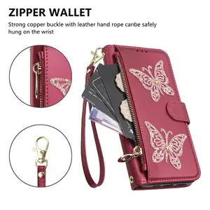 Luxury Glitter Butterfly Zipper Leather Bag Phone Case For Samsung Galaxy S26/S25/S24/S23/S22/S21 Ultra Plus Samsung Mobile Phone Accessories Goddess Style Gift for Mom