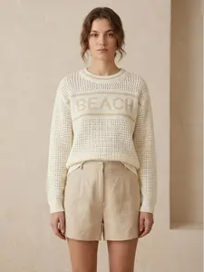 Women's Lightweight Hollow Out Knit Sweater Casual Beach Letter Print Pullover Crochet Dolman Top Cover Up