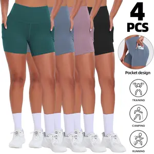 Pack of 4 women’s athletic shorts with pockets for easy carry of essentials; high-waisted, stretchy, breathable yoga fitness shorts