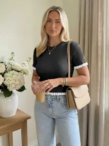 Women's Ruffle Trim Crew Neck Sweater, Casual Short Sleeve Jumper for Summer, Fashion Women's Knitwear for Daily Wear, Tops