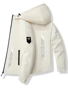 Men's Fashion Jacket with Anuel Logo, Stylish Zipper Pockets, Casual Hooded Design, Polyester Material, Spring & Fall Wear
