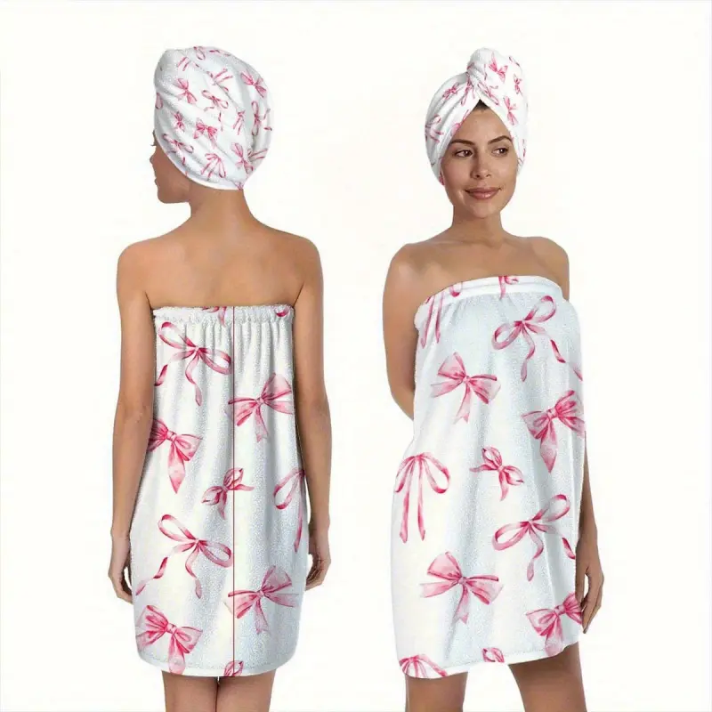 2pcs, fashionable pink bow-knot style printed pattern bath skirt and hair dry towel, 100% polyester fiber, soft, adult home bath skirt and hair dry hat set, suitable for bathroom, sauna SPA and salon wrapping, Valentine's Day gift, Wearable Bath Towel