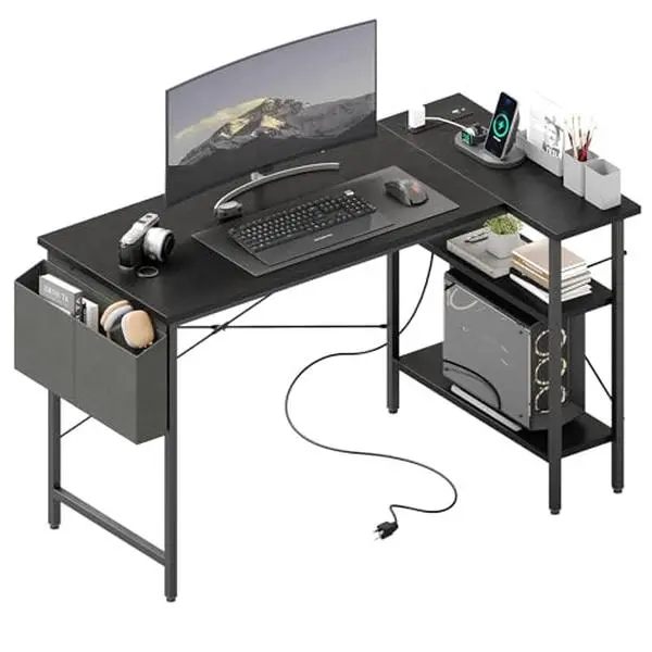 L Shaped Gaming Desk 39 Inch - Computer Corner Desk with Power Outlets, Reversible Shelves & Storage Bag for Home Office, PC Gaming Table, Black Carbon Octagonal game table, 39-inch L-shaped computer desk, equipped with power socket, USB interface