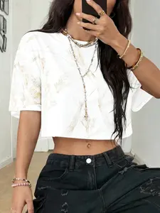 Women's Trendy Cropped Short-Sleeve Crew Neck Tee, Loose-Fit Design, Comfortable Material, Versatile for High-Waisted Bottoms, All Seasons