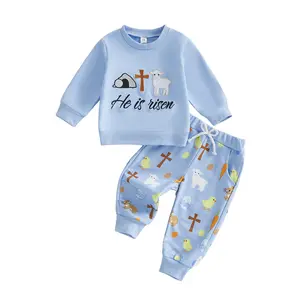 Babamoon Toddler Baby Boy Easter Outfits Set He is Risen Cross Lamb Long Sleeve Sweatshirt and Jogger Pants 2 Piece Spring Clothing Set 0-5 Years