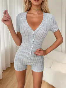 Women's Solid V Neck Snap Button Closure Crotch Sleep Romper, Casual Comfy Short Sleeve Ribbed Onesie for Summer, Ladies Sleepwear for Indoor Wear, Suits