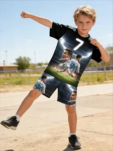 Kids 2 Piece Outfits Boys Cristiano Ronaldo Real Madrid Number 7 Stadium Print Summer Athletic Sports Casual Football Fan Children Shirts Shorts Clothing Set For School Daily Fan Gathering