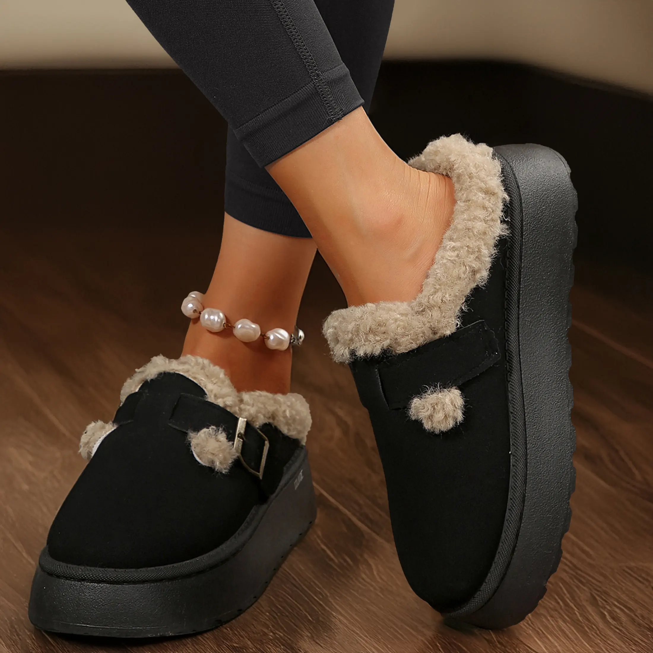 Cozy Fleece-Lined Platform Slippers for Women Buckle Design Anti-Slip Winter Casual Footwear Indoor Outdoor Shoes