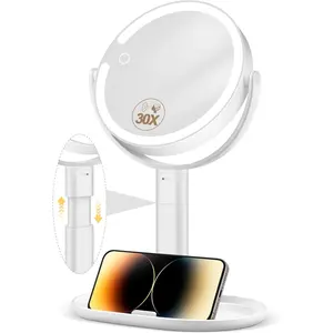 Makeup Mirror with Lights, 30X Magnifying & Height Adjustable, Lighted Magnifying Mirror with 3 Light Modes and Stepless Dimming,  Mirrors for Bathroom, Birthday  for Women, White