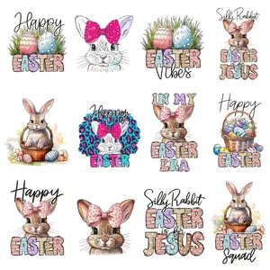 Easter Bunny, Bow & Eggs Pattern Heat Transfer Sticker, 12pcs/set DIY Heat Transfer Sticker, Clothing Decoration for T-shirt, Jeans, Backpack