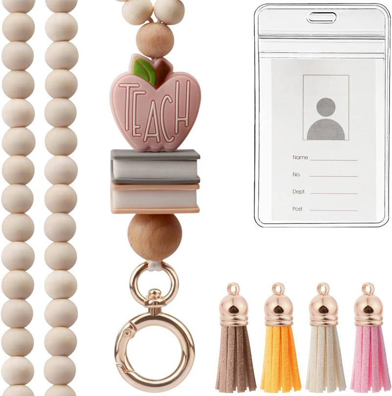 Teacher neck detachable hanging rope, suitable for ID cards, badges, keys, keychains, cute wooden beads with daisies and silicone cups, an excellent gift for ladies, teachers, workers, doctors, and nurses