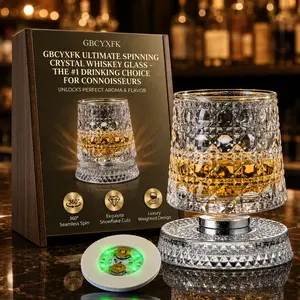 Luxury 360° Spinning Crystal Whiskey Glass with Unique Embossed Rotating Base and Colorful Luminous Gasket Enhance Degree Whisky Old Fashioned Tumbler Heavy Relief Wine Hand Painted