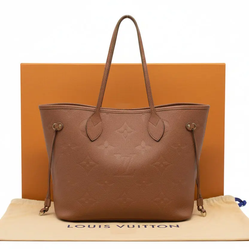 Pre-owned Louis Vuitton leather Shoulder Bags $3050 Empreinte Monogram Giant Neverfull MM Cognac