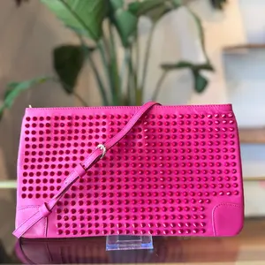 Pre-owned christian louboutin leather Small Leather Goods Loubiposh Pink Calf Spiked Chain Clutch