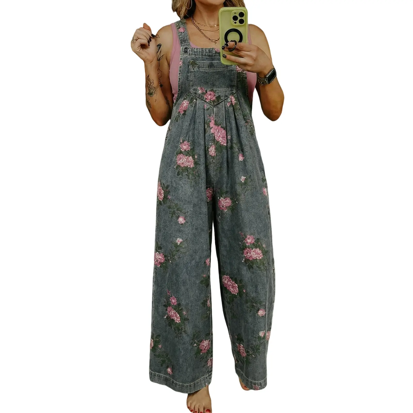 Hotapei Women's Floral Overalls Jumpsuit Wide Leg Sleeveless Rompers Pockets Adjustable Straps Casual Baggy Playsuit High Waist Straight Pants Y2K Streetwear Daily Outfit Fashion Relaxed Fit Dungarees Spring Summer Autumn Trousers Cute Vintage Clothes