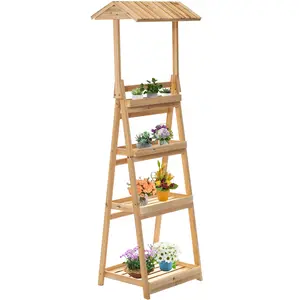 Vintiquewise QI004599 4-Tier Rustic Wooden Shelf - Rustic Flower Pot Stand, Succulent Planter Holder, Multi-Functional Storage Rack, Bookcase for Indoor, Covered Outdoor Spaces